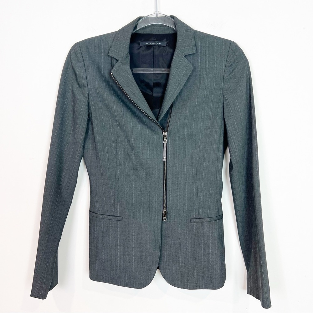 ELIE TAHARI GRAY PINSTRIPE OFFSET ZIPPER BLAZER JACKET WOMENS SZ 2
